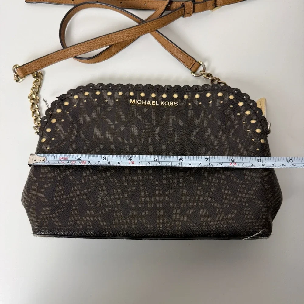 Michael Kors Signature Monogram Scallop Studded‎ Crossbody Bag Brown